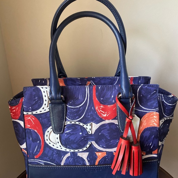 Blue Red Orange White Canvas and Leather Satchel
